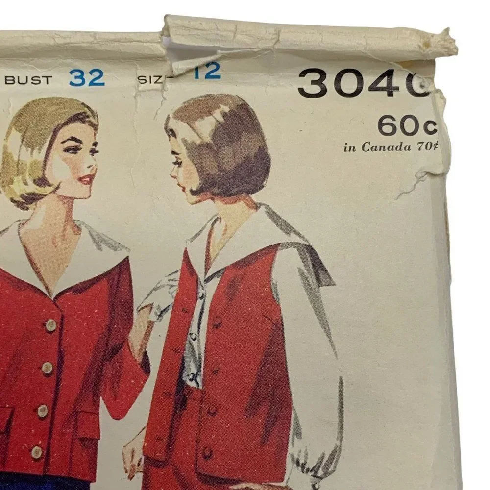 Vintage Butterick 3040 Pattern Misses 10-16 Jacket Sailor Collar Top Skirt Cut
